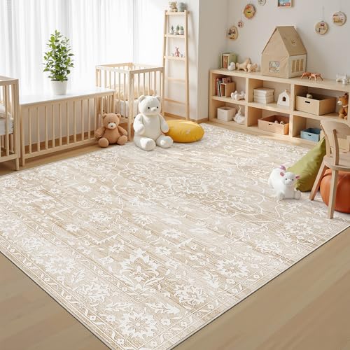 Soalmost 5x7 Area Rugs for Living Room, Washable Vintage Floral Non-Slip Low Pile Neutral Rug Soft Throw Carpet for Dining Room Bedroom Home Office Nursery (Beige, 5'x7') - color: Beige, size: 5' x 7' (Rectangular)