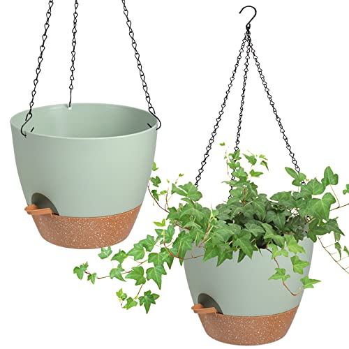 Vanslogreen Hanging Planters for Indoor Outdoor Plants, 2 Pack Self Watering Hanging Pot with Drainage Holes & Removable Tray (Green, 8'') - color: Green, size: 8''