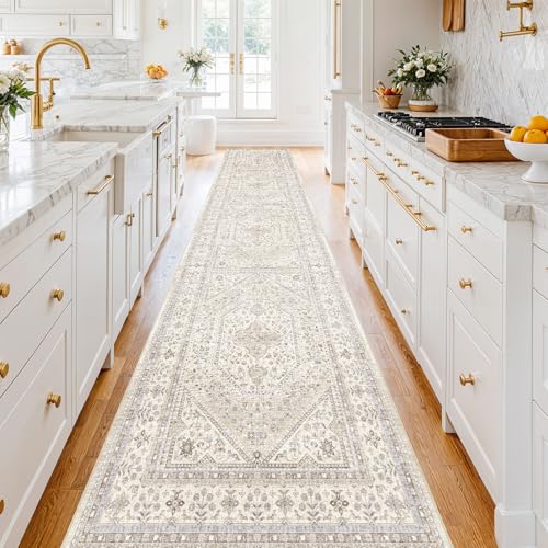 3x16 Runner Rug for Hallway Washable: Non Slip Kitchen Rugs with Rubber Backing Soft Waterproof Mats Stain Resistant Indoor Vintage Carpet Runner for Bedroom Bathroom Laundry Entryway Beige/Gray - color: Beige/Gray, size: 3' x 16' (Rectangular)