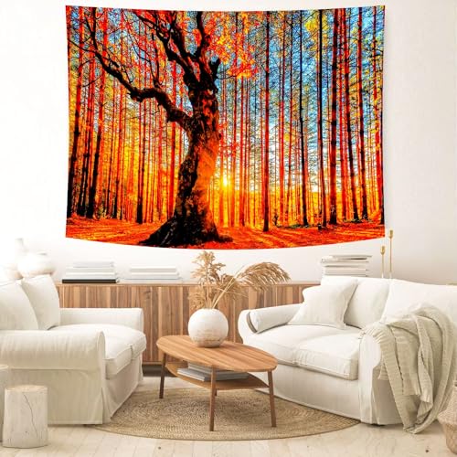 Delur Sunset Forest Tapestry Tree of Life Tropical Rainforest Landscape Tapestry Wall Hanging Scenic Nature Woodland Natural Sunrise Headboard for Bedroom Living Room Home Decor (51.2" x 59.1") - color: Sunset Forest, size: 51.2"L x 59.1"W