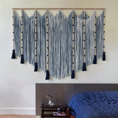 Jakalin Macrame Wall Hanging Blue dip dye Handcrafted Decorative Art for Living Room Bedroom or Office Boho Chic Modern Wall Decor with Unique Beadwork 57" W × 43" L - color: Blue