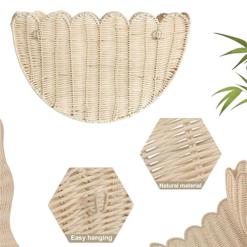 Scalloped Wall Basket,Hand Woven Hanging Wicker Wall Baskets Set, 16 x 10 x 7 & 14 x 8 x 6 Inch Scalloped Rattan Wall Basket Decor for Home,Bathroom,Living Room Organizing
