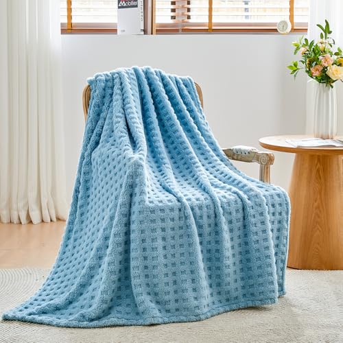 NEWCOSPLAY Super Soft Throw Blanket Blue Premium Silky Flannel Fleece 3D Waffle Checkered Lightweight Bed Blanket All Season Use (Blue, Throw(50"x70")) - color: Blue, size: Throw(50"x70")