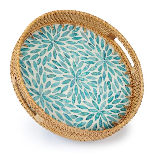 YANGQIHOME Round Rattan Tray with Handle, Mother of Pearl Inlay Decorative Wicker Basket for Coffee, Bread, Fruits, Serving Tray for Home Decor, Blue Flower - color: Blue Flower, size: 13.8"