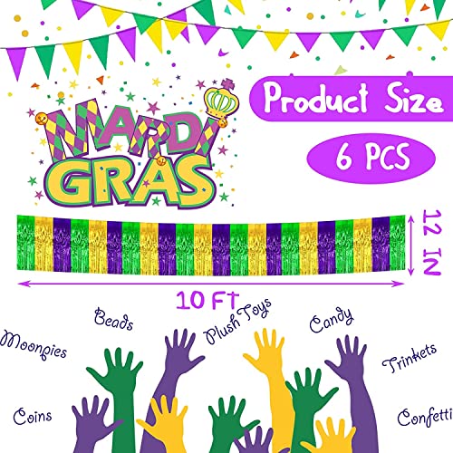 6 Pack 10 Feet Mardi Gras Foil Fringe Garland Metallic Tinsel Streamers Banner Wall Hanging Backdrop Banner for Parade Floats, Valentine's Day, Wedding, Birthday Party Decorations Gold Green Purple - color: Gold Green Purple