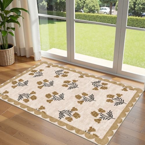 3x5 Floral Entry Rug - Small Washable Indoor Outdoor Mats for Front Door Non-Slip Porch Rug Beige Vintage Farmhouse Throw Rugs for Living Room Bedroom Entryway Kitchen Office Porch Decor - color: Flower - Beige, size: 3' x 5' (Rectangular)