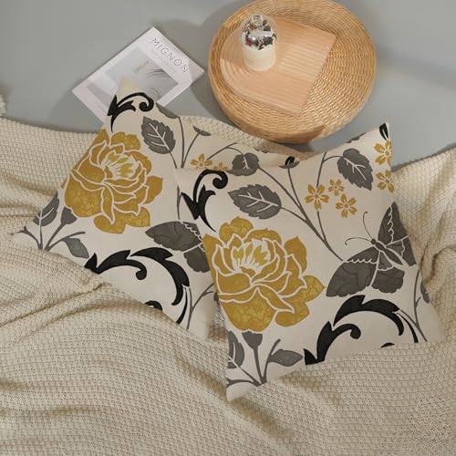 Spring Pillow Covers 16x16 Inch 2 Pcs Mustard Yellow Vintage Floral Decor Throw Pillows Grey Butterfly Flower Leaves Seasonal Outdoor Decoration Pillowcase Linen Cushion Cover for Couch Sofa - color: Yellow Grey Butterfly Flower, size: 16" x 16" (Pack of