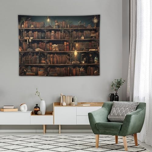 Houselerax Vintage Bookshelf Tapestry Library Wall Hanging Tapestries,Old Books on Shelf Classical Study Room Student Study College Dorm Bedroom Living Room 60"x40" - color: Bookshelf-5, size: W60xL40in