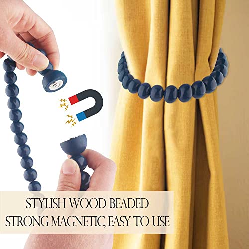 Curtain Tiebacks Magnetic Boho Decor: Wood Bead Curtain Tiebacks with Strong Magnets Closure, Decorative Curtain Pullbacks Drapery Tiebacks Magnetic Curtain Holder for Drapes & Curtains (Navy Blue, 2) - color: Navy Blue