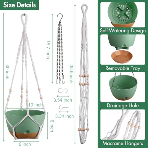 Set of 2-10 Inch Hanging Planters for Indoor Plants with Self-Watering Includes Hanging Pots for Plants, Outdoor Hanging Plant Pot with Drainage, and 2 Types of Baskets Hangers (Green, 10inch) - color: Green, size: 10inch