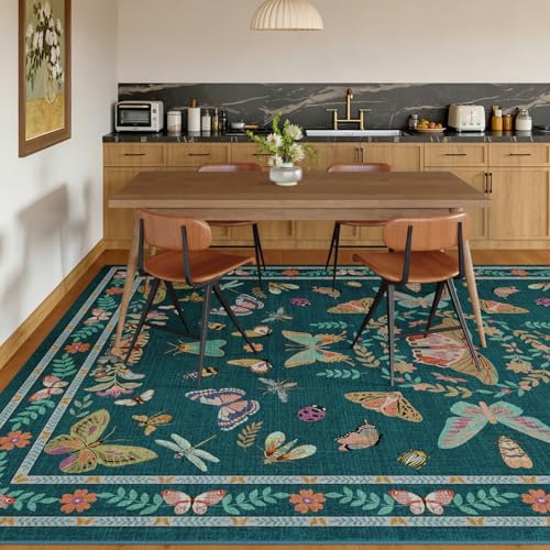 Unirea 5x7 Dark Blue Living Room Bedroom Area Rug, Large Washable Non Slip Rug for Dining Room Under Table, Kids Room, Home Office, Thin Soft Boho Stain Resistant Insect Bug Rug, Low Pile Carpet - color: Dark Blue, size: 5'x7'