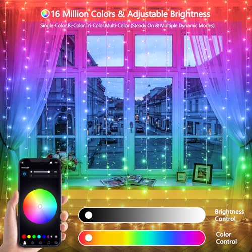 JMEXSUSS RGB Curtain Lights, 300 LED 9.8×9.8FT, Color Changing String Lights with APP & Remote Control, 16 Million Colors, IP44 Waterproof, Holiday Lights for Bedroom Party Wedding 4th of July Decor - color: RGB (Red, Green, Blue), size: 300 LED