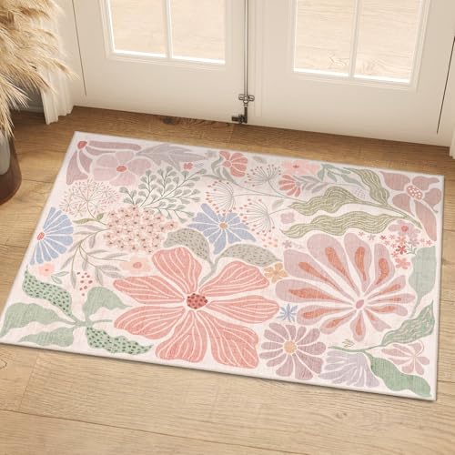 MUJOO Pink 2x3 Washable Rug Floral Small Area Rugs for Entryway Kitchen Bathroom,Non Slip Throw Carpet for Bedroom Entrance Door Mat Boho Modern Abstract Botanical Flower - color: Pink, size: 2' x 3' (Rectangular)