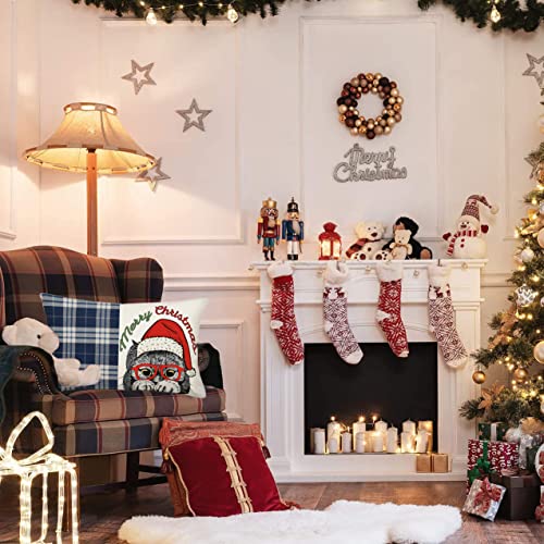 Merry Christmas Cat Throw Waist Pillow Cases 12x20 Inch Navy Buffalo Plaids with Xmas Animal Cats Wearing Red Santa Hat Glasses Covers Cotton Linen Pillowcases, (E-450) - color: Xmas Cat