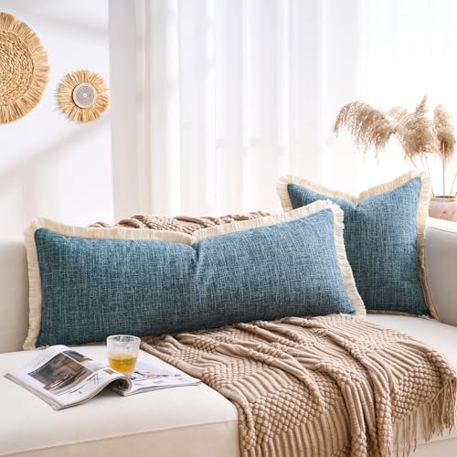14x36 Pillow Covers Farmhouse Long Blue Boho Faux Linen Decorative Fringed Rustic Woven Textured Burlap Lumbar Pillow Covers for Bed Sofa Bedroom Living Room Home Decor Cushion Cover Pack of 1 - color: Blue, size: 36" x 14" (Pack of 1)