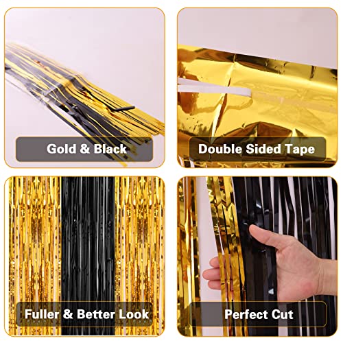 PIGETALE, 2 Pack 3.2x8.2 Feet Black and Gold Tinsel Backdrop Party Decorations, Foil Fringe Curtains Backdrop for Birthday Graduation Wedding Engagement Bridal - color: Black and Gold