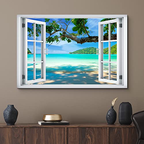 wall26 Canvas Print Wall Art Window View Tropical Island Beach Paradise Vacation Wilderness Nature Photography Realism Scenic Landscape Colorful Multicolor for Living Room, Bedroom, Office - 12"x18" - color: A40-2204-slm08, size: 18"L x 12"W