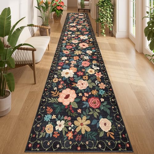 DUKINO 2.6x14 Kitchen Runner Rug, Lightweight Floral Washable Rug for Hallway, Boho Low Pile & Non Slip Backing Soft Floor Carpet for Entryway, Bedroom, Bathroom, Laundry, Black - color: Black, size: 2'6" x 14' (Rectangular)