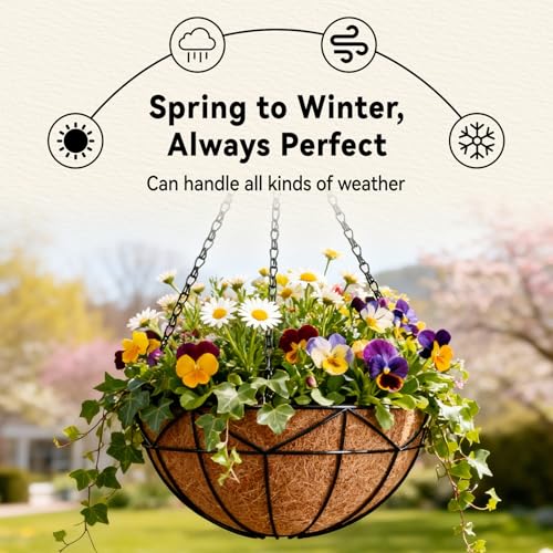 Halatool 4 Pack 14 Inch Hanging Baskets for Plants Outdoor, Round Wire Metal Baskets with Coco Liners for Garden Patio Balcony Fence, Hanging Planters for Flowers Ferns Succulents Herbs Vines - color: 14in