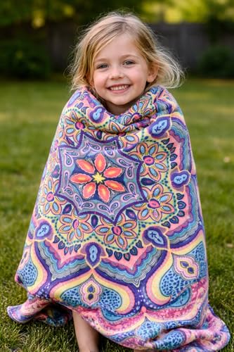 Decorative Luxury Floral Fleece Throw Blanket: Mandala Bohemian Boho Botanical Paisley Damask Velvety Soft, Bright Shades of Purple Pink Yellow White Durable Plush Accent for Bed or Couch, 50" x 70"