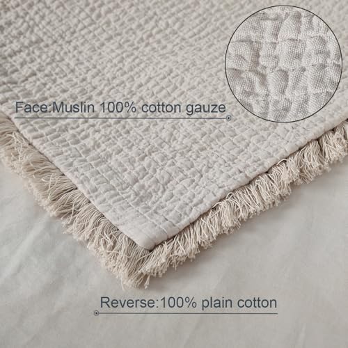 YINFUNG Quilted Pillow Shams Natural Beige Linen Queen Set of 2 Muslin Cotton Farmhouse Oatmeal Tassel Fringe Pillowcases Matelasse Boho Decorative Textured Gauze 20×30 Light Brown - color: Linen, size: 30" x 20" (Pack of 2)