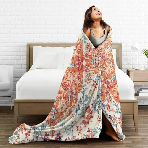 HGOD DESIGNS Carpet Pattern Throw Blanket Boho Style Ethnic Design Orange Blue Soft Blankets and Throws 40x50 Inch Caring for Women Men (100x130cm) - color: Boho Style Ethnic, size: 40x50 inch
