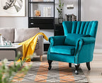 Kmax Teal Blue Accent Chair Velvet Wingback Chair with Pillow Nail-Head Channel Tufted Oversized Club Chair for Living Room Bedroom Guest Room - color: Teal Blue