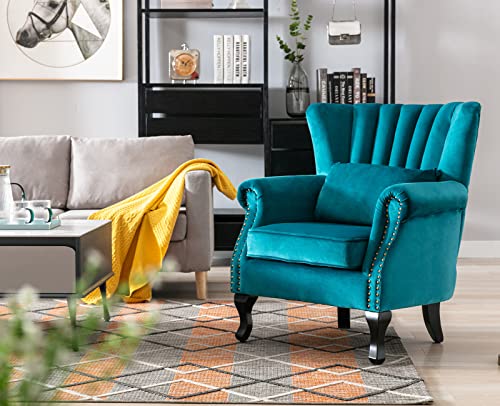 Kmax Teal Blue Accent Chair Velvet Wingback Chair with Pillow Nail-Head Channel Tufted Oversized Club Chair for Living Room Bedroom Guest Room - color: Teal Blue