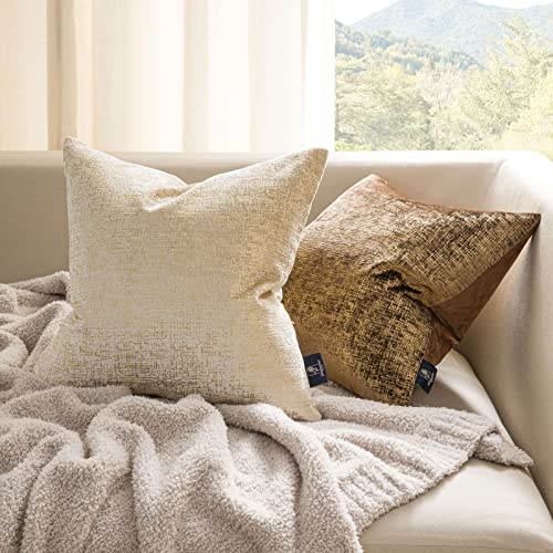 Phantoscope Pack of 2 Sparkling Velvet Decorative Solid Throw Decorative Pillow Cover Soft Gold Glitter Square Cushion Cover Pillowcase for Couch Bed and Chair, Beige, 20 x 20 inches, 50 x 50 cm - color: Beige and Gold, size: 20" x 20" (Pack of 2)