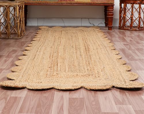 Hand Woven Natural Jute Scalloped Rug, Reversible Boho Entry Area Rugs for Kitchen, Living Room, Farmhouse Indoor Outdoor Decorative Floor-Rug, Bohemian Style Size 2x3 Ft - size: 2' x 3' (Scalloped)