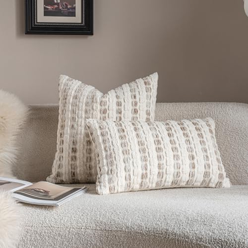 Caflife Boho Throw Pillow Covers 12x20 Inch Set of 2, Farmhouse Beige Striped Textured Chenille Decorative Couch Pillow Cases, Modern Rustic Accent Cushion Covers for Sofa Bed Living Room Bedroom - color: Beige, size: 20" x 12" (Pack of 2)
