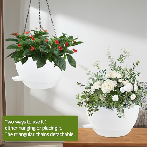 WOUSIWER Self Watering Hanging Planters, 2 Pack 12'' Plastic Pots with Drainage Holes & Reservoir Tray (White) | Indoor & Outdoor Use for Ferns, Ivy, Herbs, Succulents - color: White, size: 2 Pack 12 inches