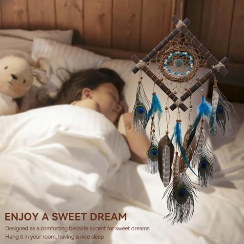 Rattan Dream Catchers with Peacock Feather, Boho Wall Decor Rustic Wooden Native American Wall Art for Bedroom Living Room (Blue Peacock) - color: Blue Peacock