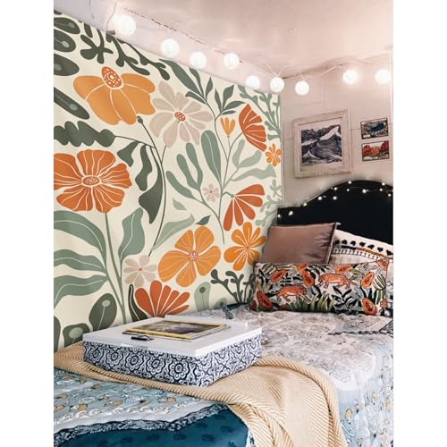 Yookeb Abstract Retro Matisse Flower Tapestry 59W by 51H Inch Wall Hanging Sage Green Orange Groovy 70s Funky Trendy Aesthetic Bedroom Living Room Dorm Polyester Fabric Home Decor - color: Sage Green Orange, size: 59"L x 51"W