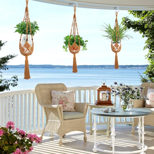 Augshy Jute Crochet Macrame Plant Hangers with Hooks, 2 Pack 35 Inch Natural Cotton Boho Indoor Outdoor Brown Planter Hanging Holder for Ceiling Balcony Porch Home Decor - color: Caramel, size: 35 Inches