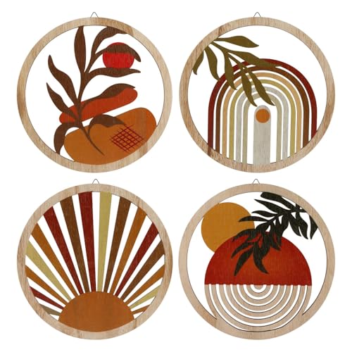YOSINXU 4 Pcs Boho Wall Decor Rustic Wooden Living Room Bohemian Hanging Art Decor, Decors Farmhouse Geometric Hanging, 10 Inch Aesthetic Minimalist Wood Art for Apartment Bedroom