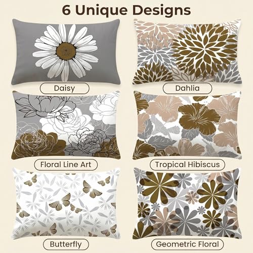 COMMINY Lumbar Throw Pillow Covers 12x20 Inch Set of 6, Brown Grey Pillow Cases for Couch Bed Decor, Farmhouse Daisy Dahlia Lumbar Pillow Cover, Indoor Decorative Cushion Cover Only, No Insert - color: Grey Brown, size: 20" x 12" (Pack of 6)