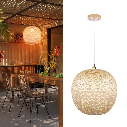 Arturesthome 15.7" Bamboo Pendant Lights, Round Wicker Chandelier, Hand-Woven Boho Basket Lampshade Hanging Ceiling Light for Kitchen Island Living Room - size: 15.7″W x 14″H