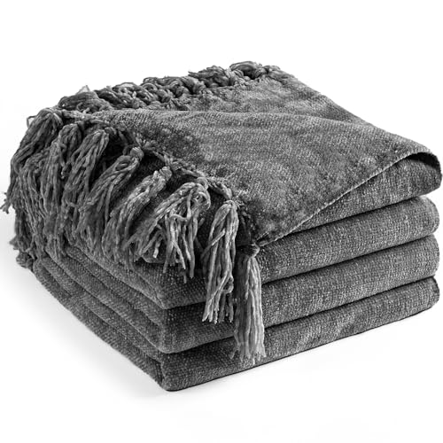 Chenille Throw Blanket for Couch 50"X 60", Soft Cozy Throws with Fringe Tassel for Bed Sofa Chair Cover, Lightweight Knitted Decorative Boho Blankets for Living Room, Dark Grey - color: Dark Grey, size: 50x60 inch
