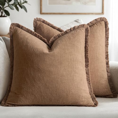 MIULEE Decorative Throw Pillow Covers Neutral Linen Fringe Throw Pillows Set of 2 Brown Boho Farmhouse Cushion Covers with Tassels for Couch Sofa Bed Living Room Spring Home Decor 16x16 Inch - color: Brown, size: 16" x 16" (Pack of 2)