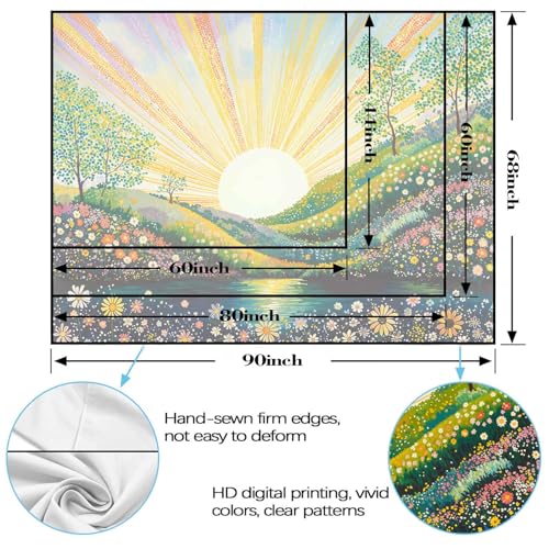 Lunerfex Soothing Spring Meadow Tapestry - Sunburst Landscape Wall Hanging with Colorful Flowers and Lake - Cheerful Nature Decor 60"x44" - color: Bright Green, size: 60"L x 44"W
