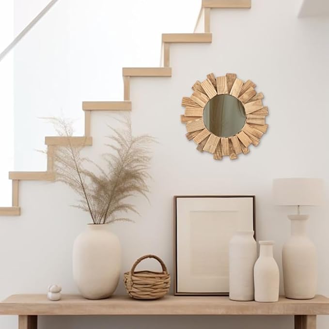 Rustic Driftwood Round Wall Mirror – Natural Wooden Frame Decorative Mirror for Farmhouse Coastal Boho Home Décor – 12" Sizes for Bathroom, Living Room, or Entryway