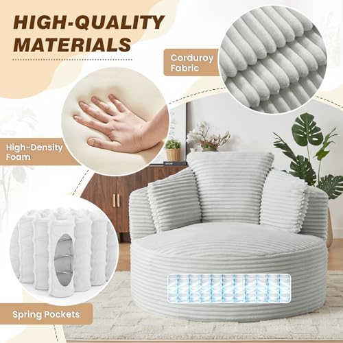 48"W Oversized Round Chaise Longue Chair Indoor,Corduroy Fluffy Comfy Cloud Chair,Circle Bean Bag Sofa with Foam Filling & Pillows,Boneless Reading Cozy Sofa Chairs for Living Room,Bedroom,Light Grey - color: Light Grey