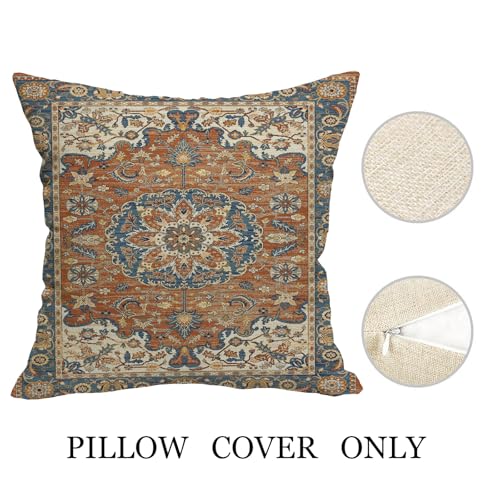 Boho Throw Pillow Covers 18x18 Set of 2 Orange Blue Ethnic Pattern | Western Boho Outdoor Pillows Cover Fall Autumn Bohemian Linen Decorative Pillowcase for Couch Bed Living Room Decor - color: Orange Blue 2, size: 18" x 18" (Pack of 2)