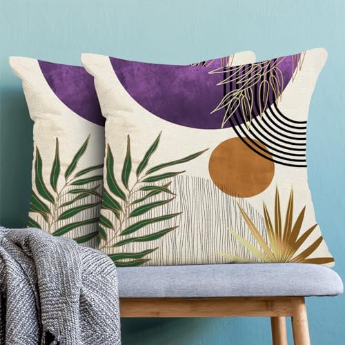 Boho Pillow Covers 16x16 Set of 2 Abstract Green Purple Gold Sunset Throw Pillow Covers Mid Century Bohemian Tropical Leaf Pillowcase Farmhouse Linen Cushion Case for Home Sofa Outdoor Decor - color: Mid Century-purple, size: 16" x 16" (Pack of 2)