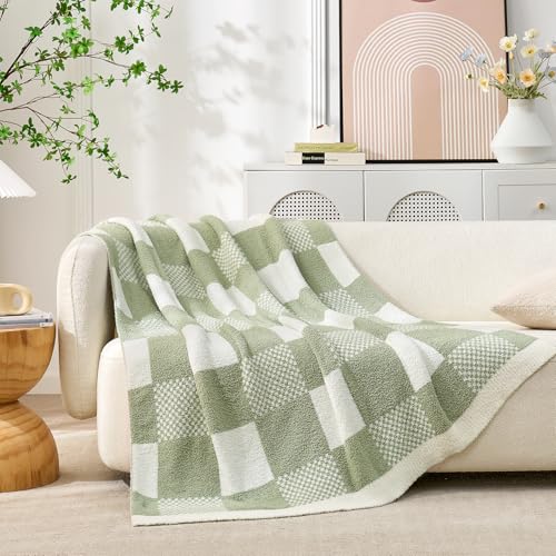 Snuggle Sac Checkered Blanket, Sage Green Throw Blanket for Couch Plaid Microfiber Fluffy Warm Cozy Fuzzy Soft Throw Blanket Reversible Checker Blankets for Sofa, Chair, Bed, 50x60 inches - color: Checker Sage Green, size: Throw(50"x60")