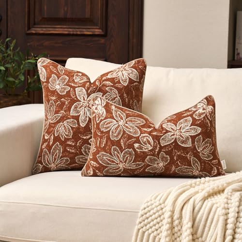 Yangest Flower Pillow Cover 12 x 20 Inches, Nature Chenille Rectangle Throw Pillow Cover Soft Luxury Neutral Accent Couch Pillow Cover for Living Room Bedroom, Rust - color: Rust, size: 20" x 12" (Pack of 1)