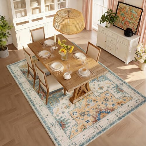 5x7 Area Rugs for Living Room, Machine Washable Boho Area Rug, Low Pile Non Slip Vintage Rugs, Stain Resistant Carpet for Bedroom Dinning Room Nursery Farmhouse Office Home-Blue/Gold/Beige - color: Blue/Gold/Beige, size: 5' x 7' (Rectangular)