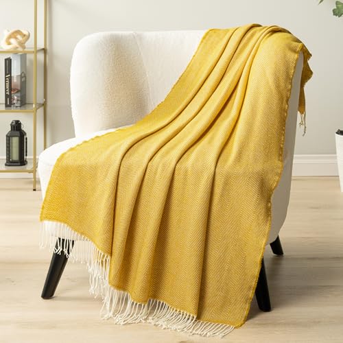 PAVILIA Yellow Herringbone Throw Blanket for Couch Bed, Decorative Outdoor Throw Blanket, Faux Cashmere Blanket Throw, Lightweight Accent Sofa Blanket Throw, 50x60 - color: Herringbone - Yellow, size: 50 X 60 Inches - Throw