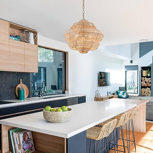 22” Hand Woven Rattan Chandelier 5 Round Adjustable Boho Pendant Light Farmhouse Large Brass Pendant Lighting Fixtures for Dining Room Kitchen Island Living Room, UL Listed